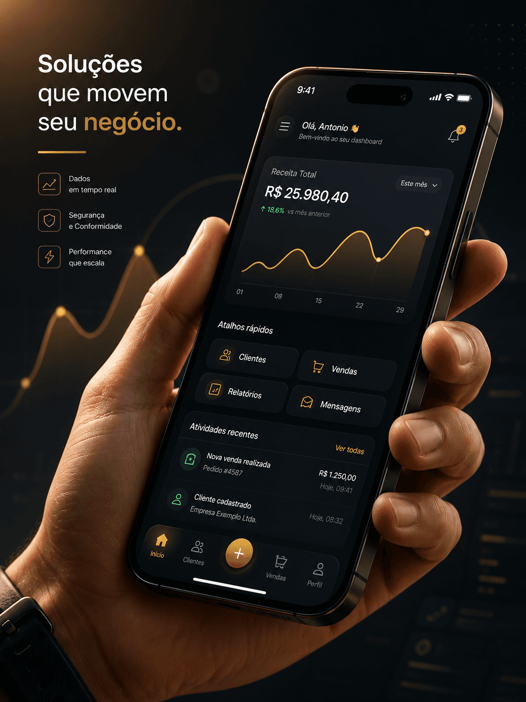 Desenvolvimento mobile — dashboard em smartphone